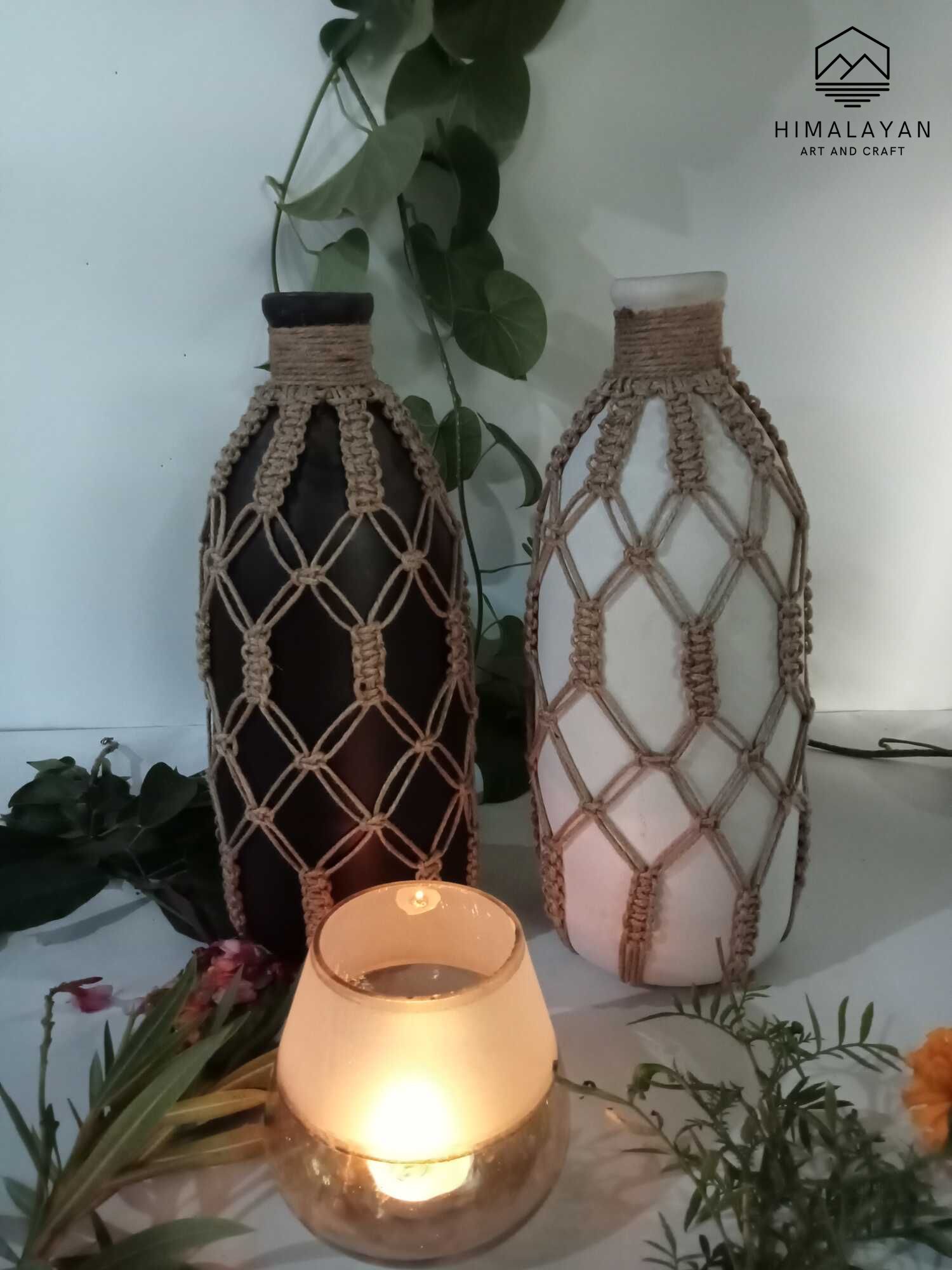 Terracotta Bottles White and Black with Rope Vases